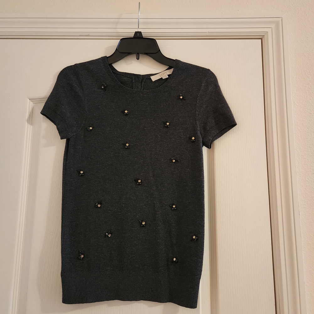LOFT Charcoal Sweater with Jewel Accents